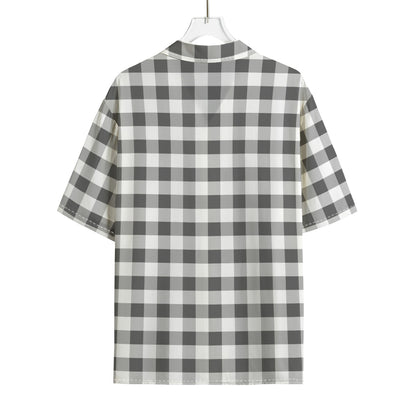Dark Grey And White Gingham Print Rayon Hawaiian Shirt