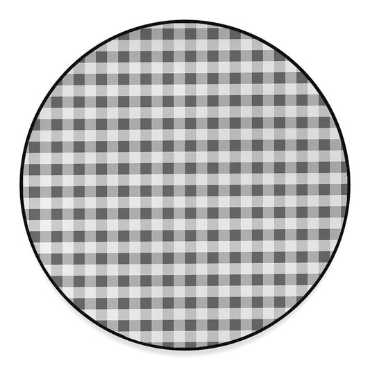 Dark Grey And White Gingham Print Round Floor Mat