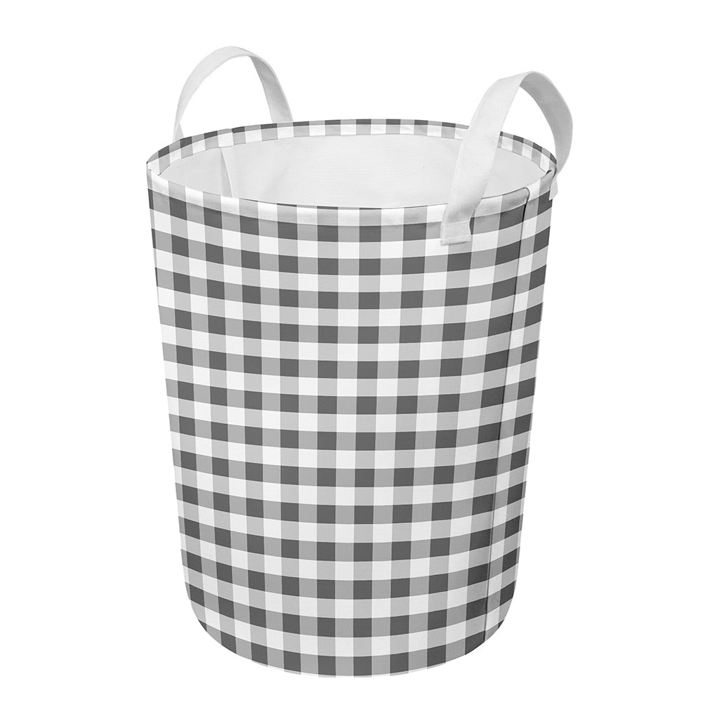 Dark Grey And White Gingham Print Round Laundry Basket