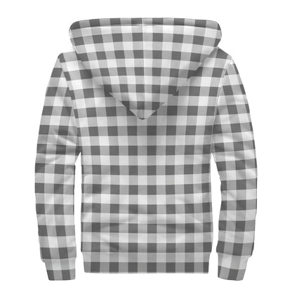 Dark Grey And White Gingham Print Sherpa Lined Zip Up Hoodie