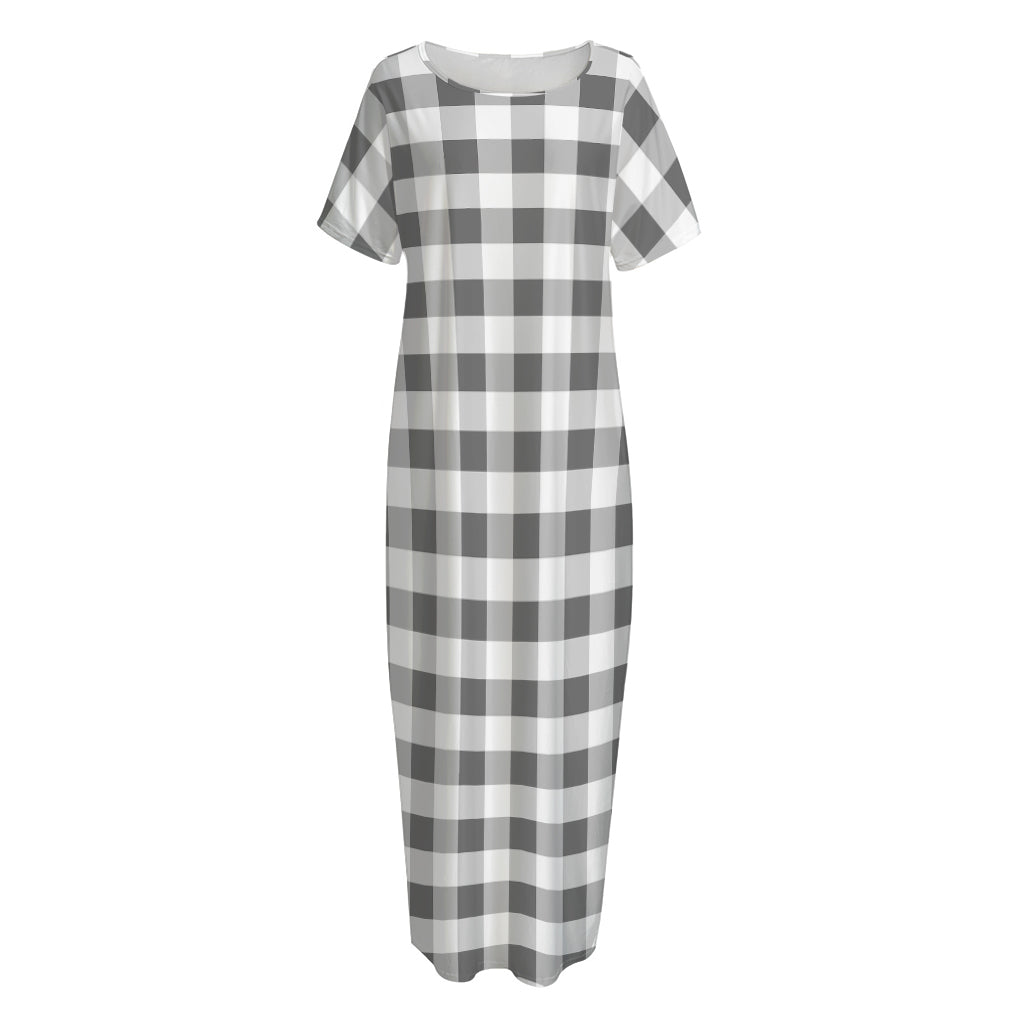 Dark Grey And White Gingham Print Short Sleeve Long Nightdress