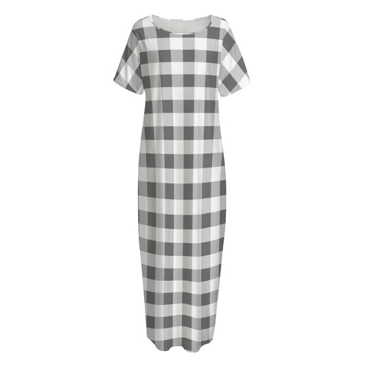 Dark Grey And White Gingham Print Short Sleeve Long Nightdress