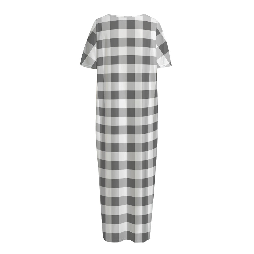 Dark Grey And White Gingham Print Short Sleeve Long Nightdress