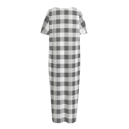 Dark Grey And White Gingham Print Short Sleeve Long Nightdress