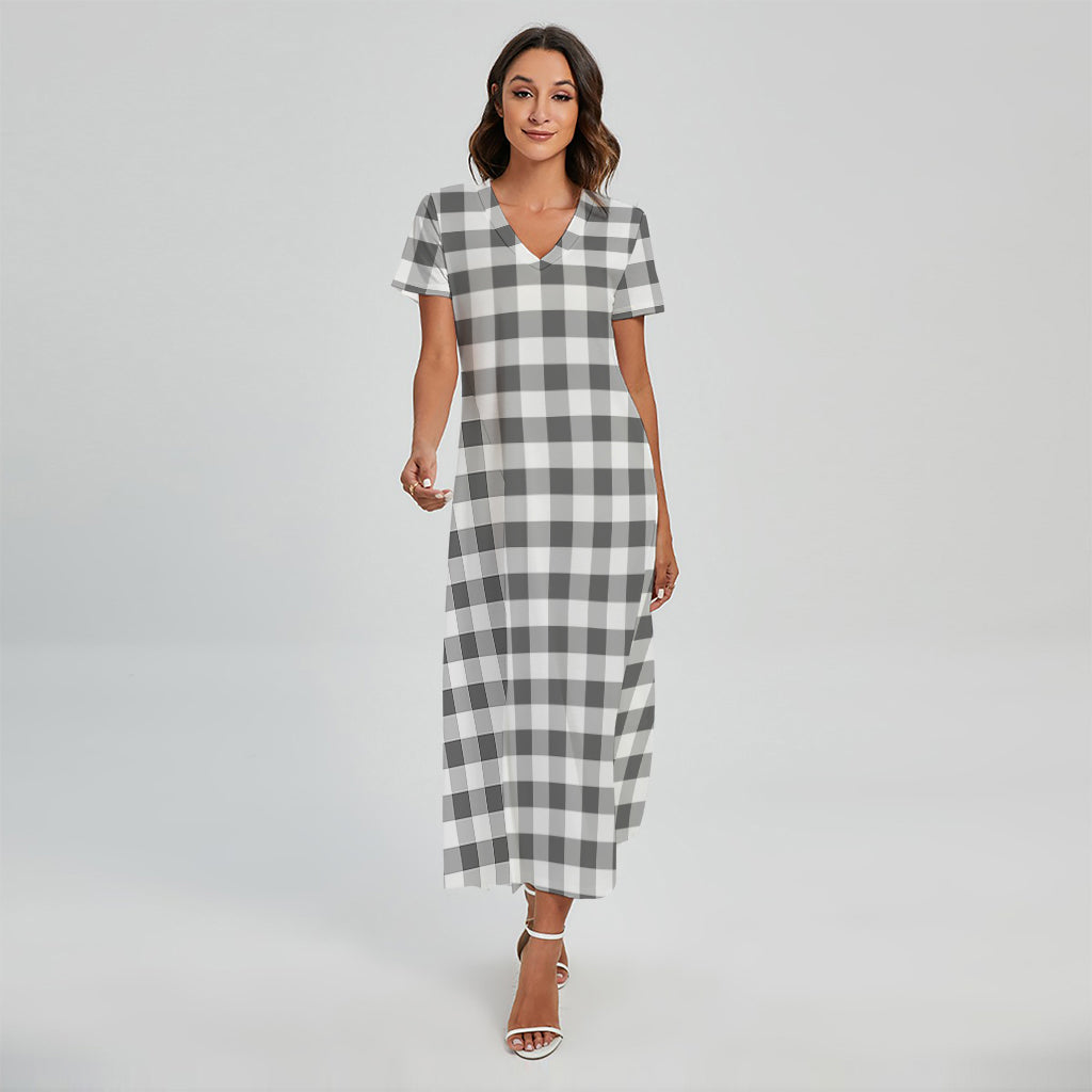 Dark Grey And White Gingham Print Short Sleeve Maxi Dress