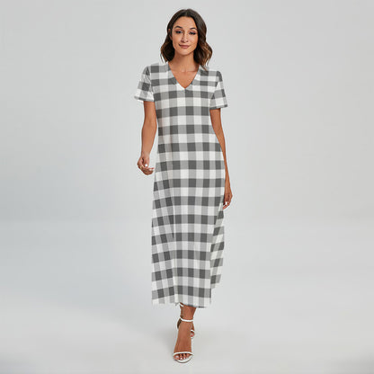 Dark Grey And White Gingham Print Short Sleeve Maxi Dress