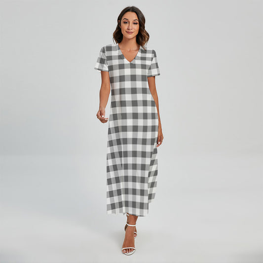 Dark Grey And White Gingham Print Short Sleeve Maxi Dress