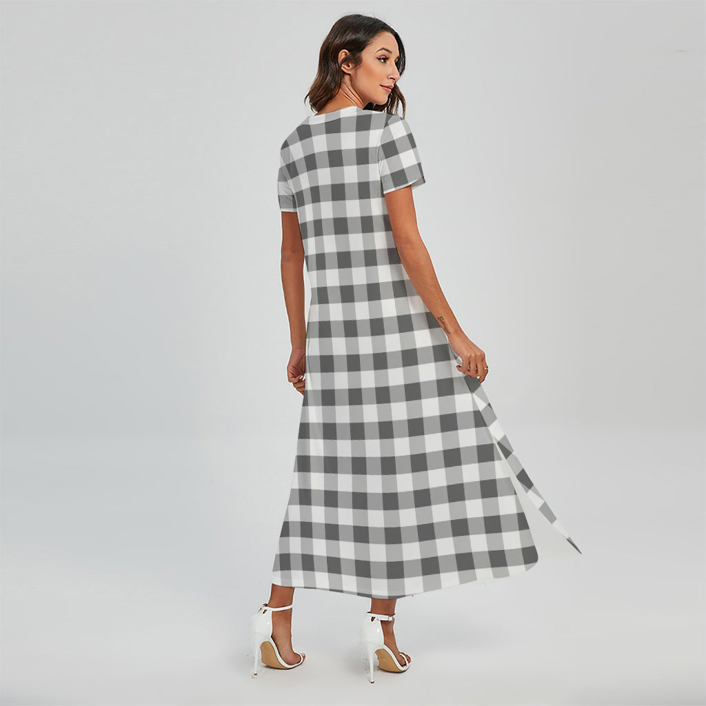 Dark Grey And White Gingham Print Short Sleeve Maxi Dress