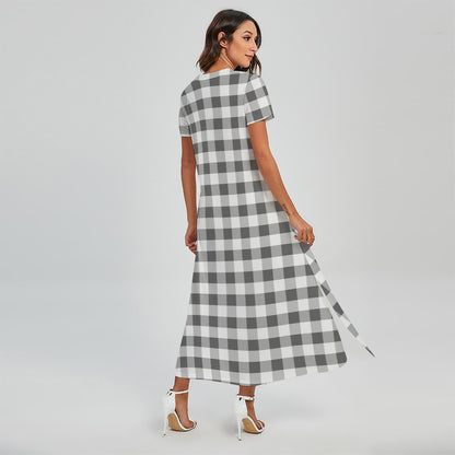 Dark Grey And White Gingham Print Short Sleeve Maxi Dress