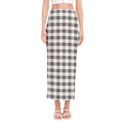 Dark Grey And White Gingham Print Side Slit Maxi Skirt