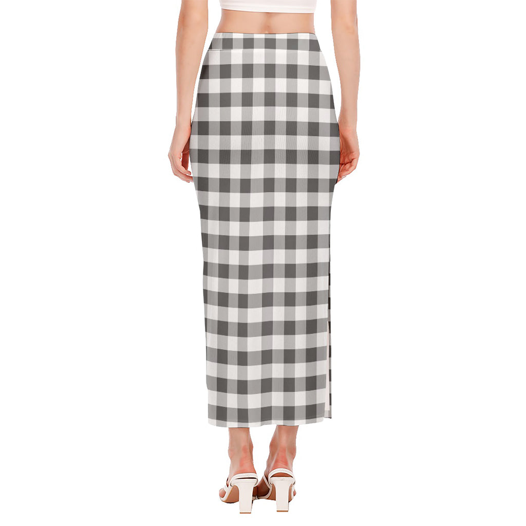 Dark Grey And White Gingham Print Side Slit Maxi Skirt