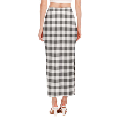 Dark Grey And White Gingham Print Side Slit Maxi Skirt
