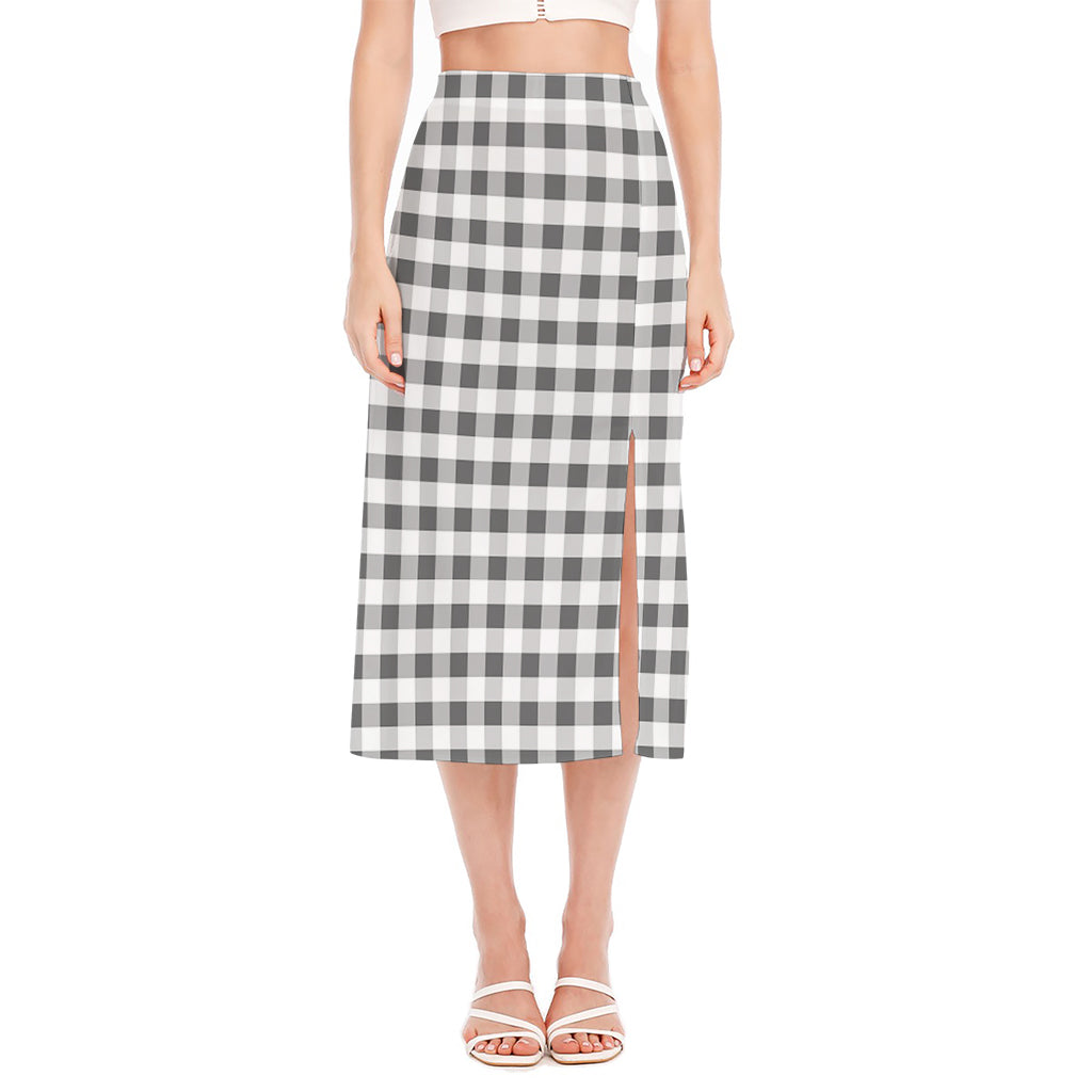 Dark Grey And White Gingham Print Side Slit Midi Skirt