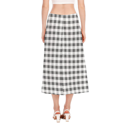 Dark Grey And White Gingham Print Side Slit Midi Skirt