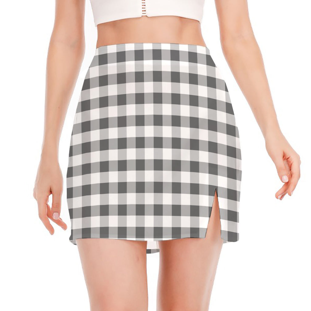 Dark Grey And White Gingham Print Side Slit Mini Skirt