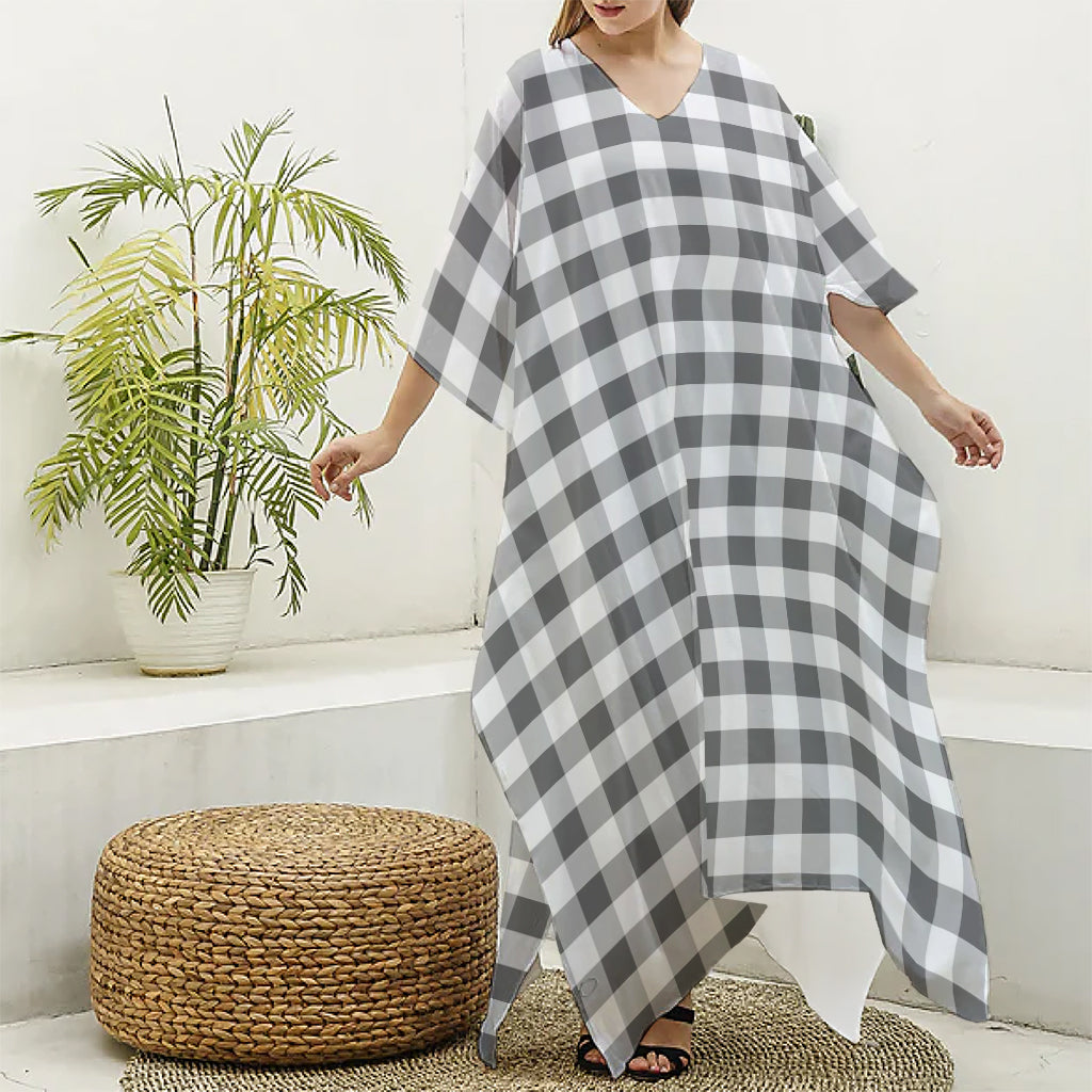 Dark Grey And White Gingham Print Silk V-Neck Kaftan Dress