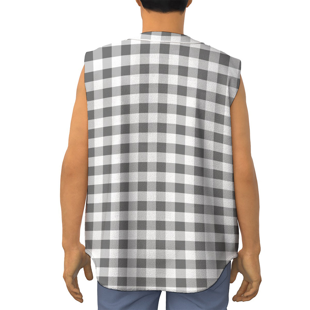 Dark Grey And White Gingham Print Sleeveless Baseball Jersey