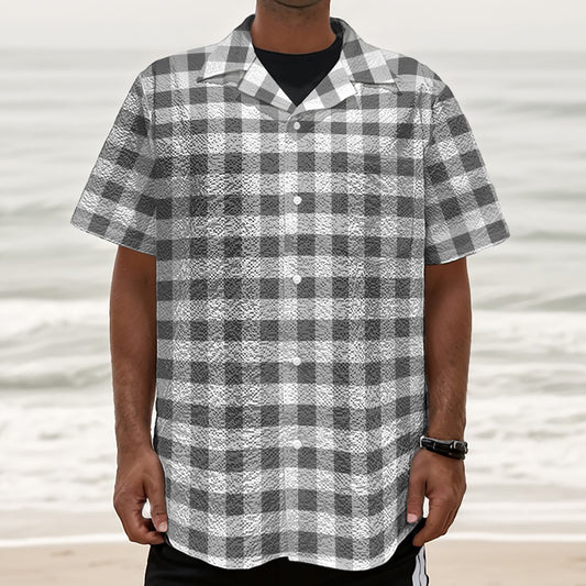 Dark Grey And White Gingham Print Textured Short Sleeve Shirt