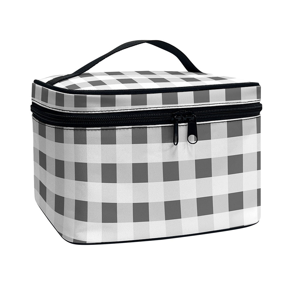 Dark Grey And White Gingham Print Travel Makeup Bag