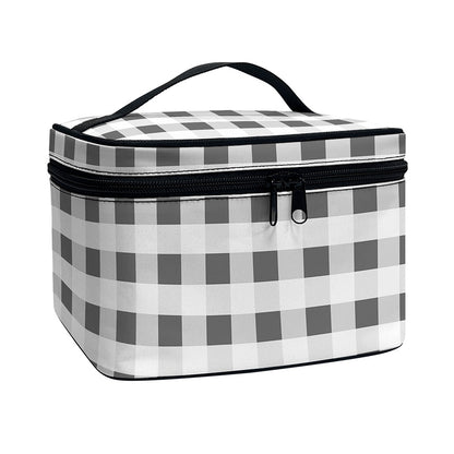 Dark Grey And White Gingham Print Travel Makeup Bag