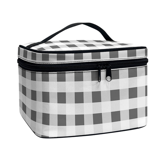 Dark Grey And White Gingham Print Travel Makeup Bag