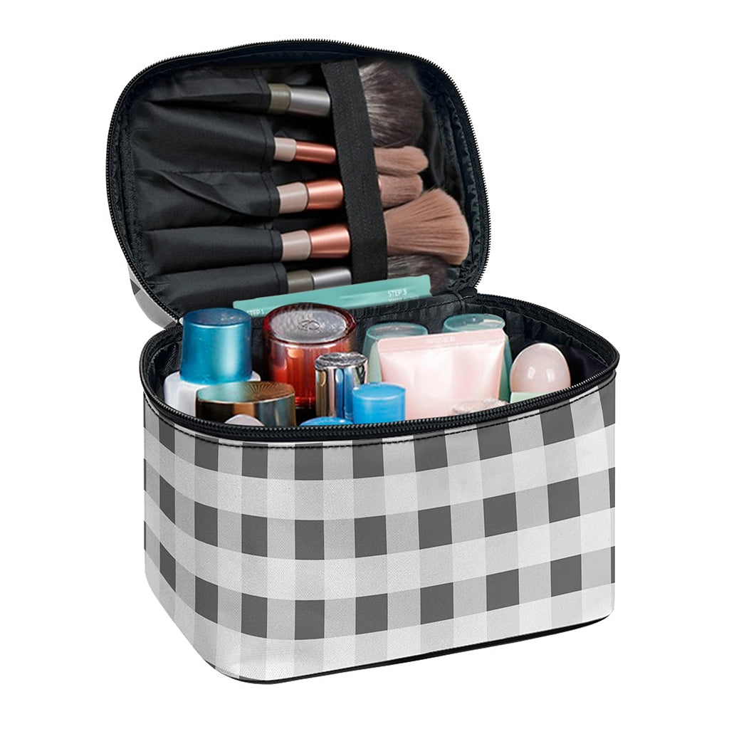 Dark Grey And White Gingham Print Travel Makeup Bag