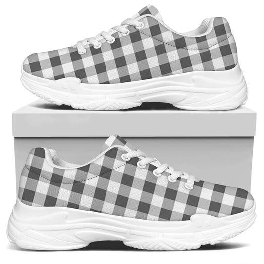 Dark Grey And White Gingham Print White Chunky Shoes