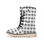 Dark Grey And White Gingham Print Winter Boots