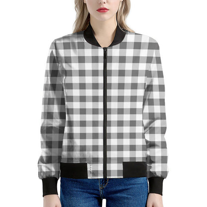 Dark Grey And White Gingham Print Women's Bomber Jacket