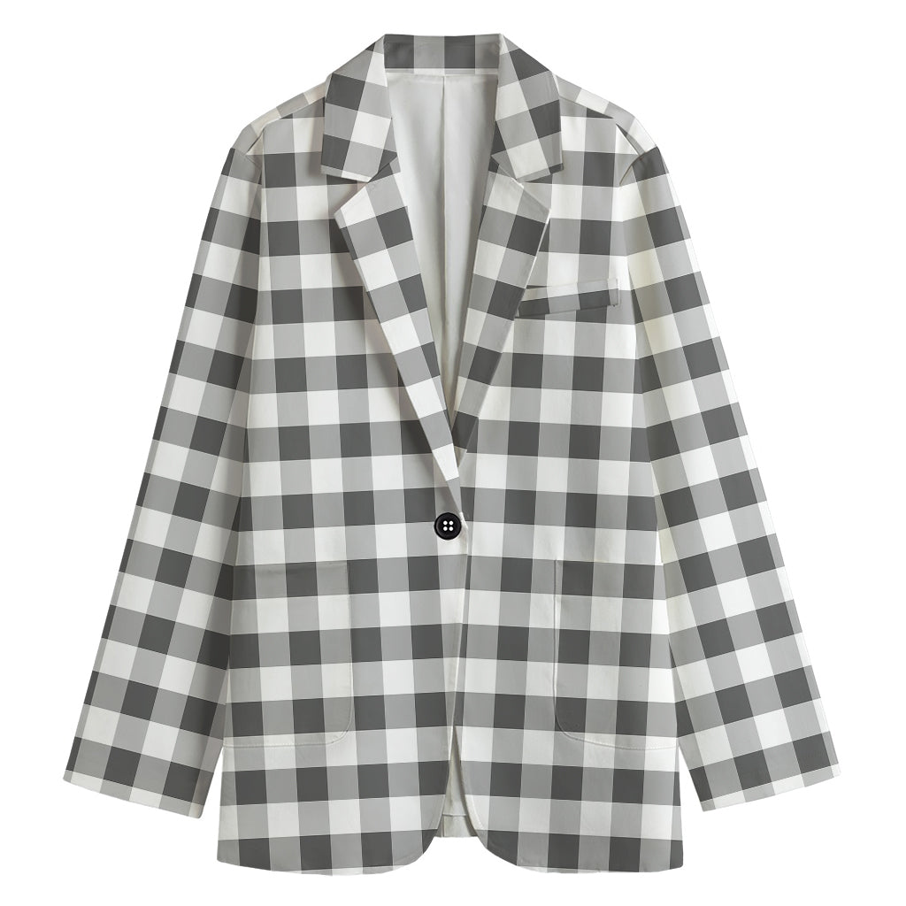 Dark Grey And White Gingham Print Women's Cotton Blazer