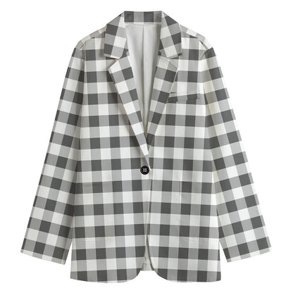Dark Grey And White Gingham Print Women's Cotton Blazer