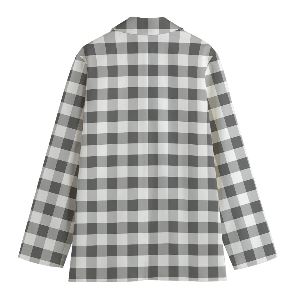 Dark Grey And White Gingham Print Women's Cotton Blazer