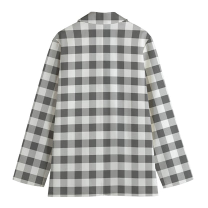 Dark Grey And White Gingham Print Women's Cotton Blazer