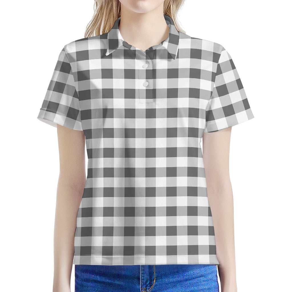 Dark Grey And White Gingham Print Women's Polo Shirt