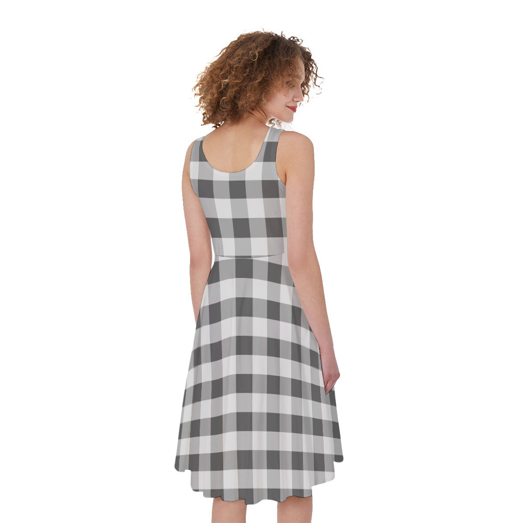 Dark Grey And White Gingham Print Women's Sleeveless Dress
