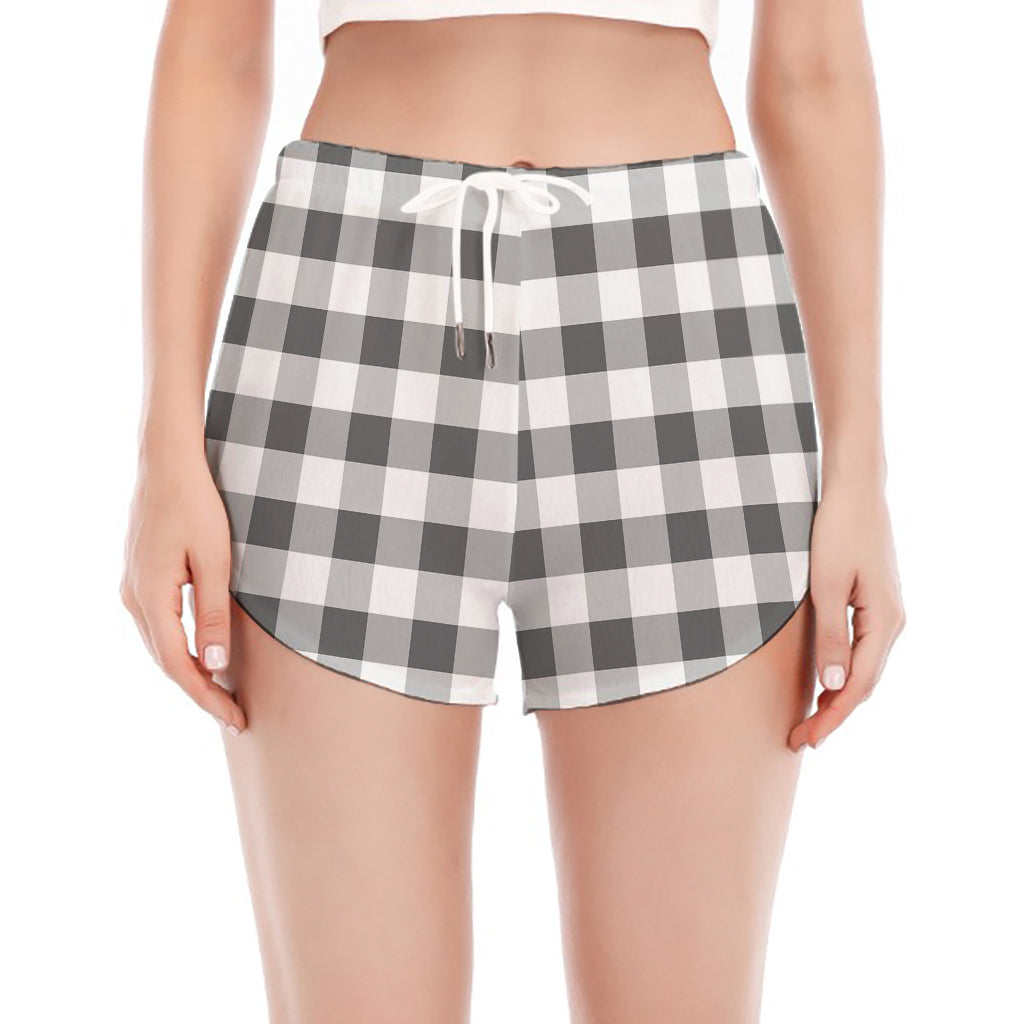 Dark Grey And White Gingham Print Women's Split Running Shorts