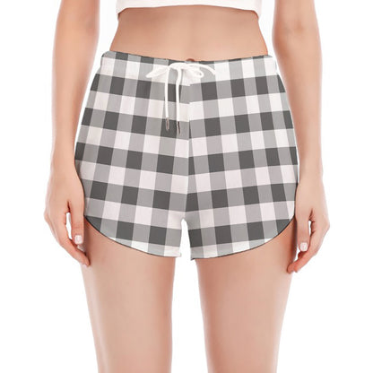 Dark Grey And White Gingham Print Women's Split Running Shorts