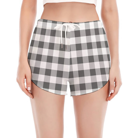 Dark Grey And White Gingham Print Women's Split Running Shorts