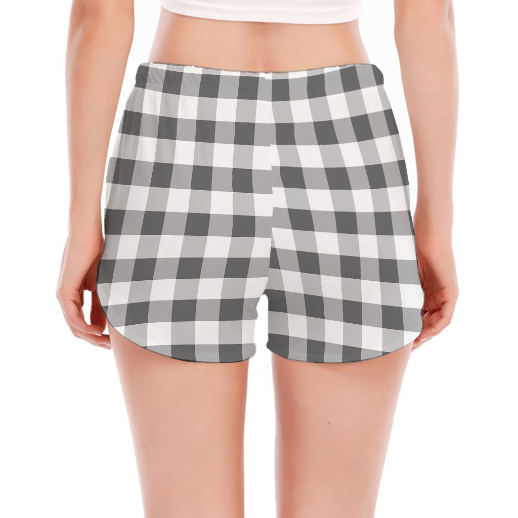 Dark Grey And White Gingham Print Women's Split Running Shorts
