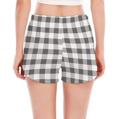 Dark Grey And White Gingham Print Women's Split Running Shorts