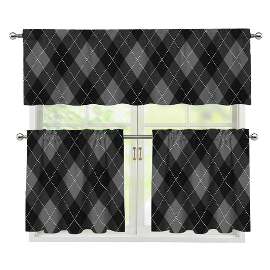Dark Grey Argyle Pattern Print 3 Piece Kitchen Curtains
