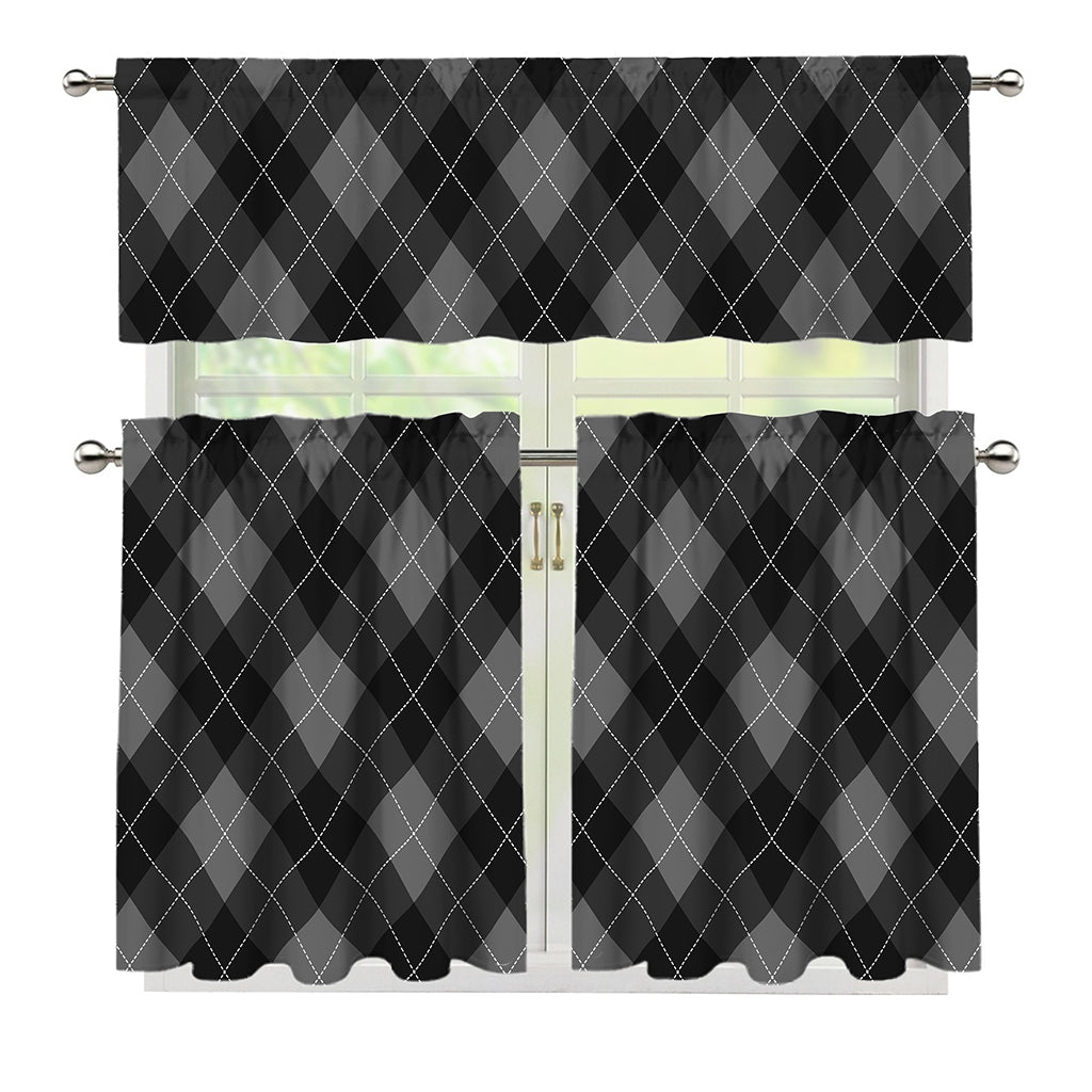 Dark Grey Argyle Pattern Print 3 Piece Kitchen Curtains