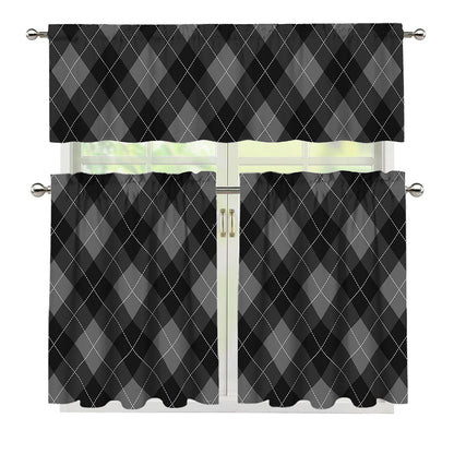 Dark Grey Argyle Pattern Print 3 Piece Kitchen Curtains