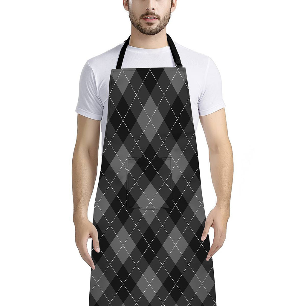 Dark Grey Argyle Pattern Print Bib Apron With Pocket