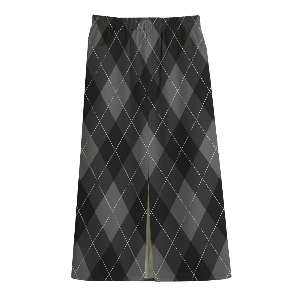 Dark Grey Argyle Pattern Print Cotton Front Slit Maxi Skirt