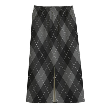 Dark Grey Argyle Pattern Print Cotton Front Slit Maxi Skirt
