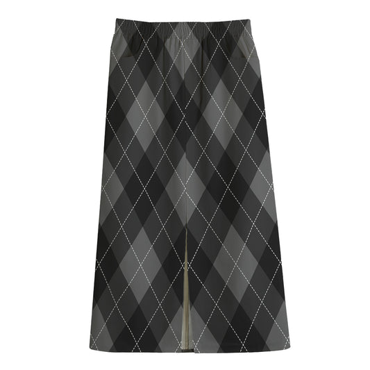 Dark Grey Argyle Pattern Print Cotton Front Slit Maxi Skirt