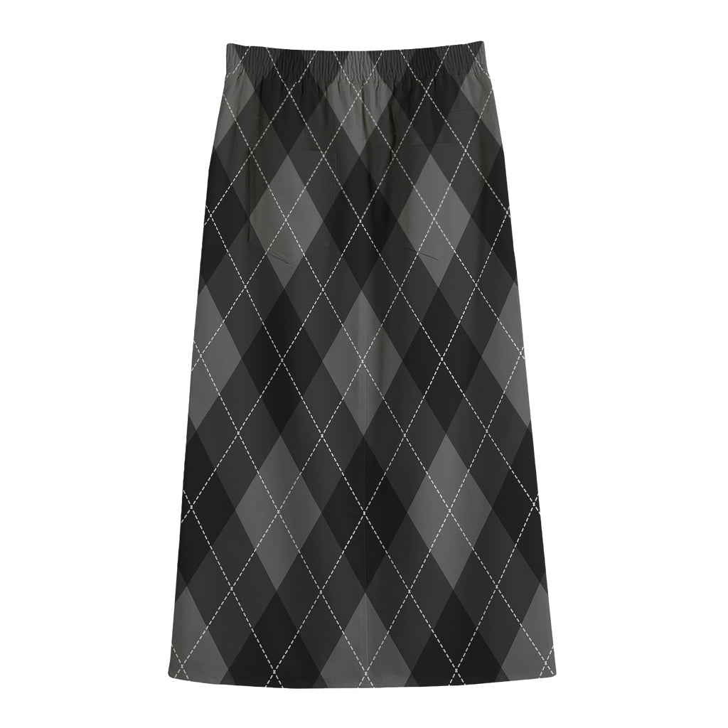 Dark Grey Argyle Pattern Print Cotton Front Slit Maxi Skirt