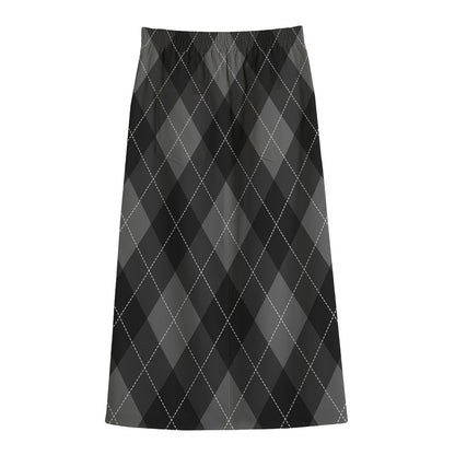Dark Grey Argyle Pattern Print Cotton Front Slit Maxi Skirt