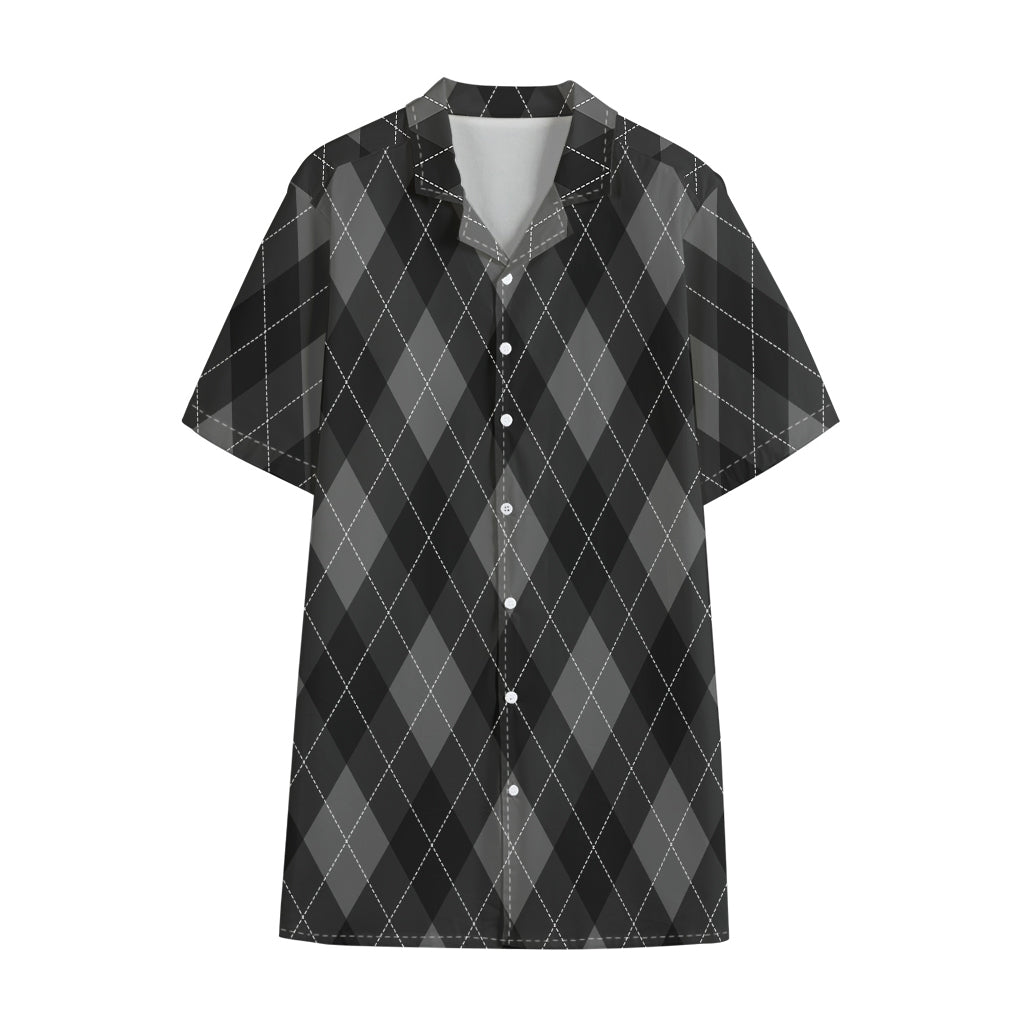 Dark Grey Argyle Pattern Print Cotton Hawaiian Shirt